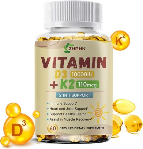 Vitamin D3 and K2 Supplements, Vitamin D and K 10,000 IU Strong Bones & Heart Health Support | Vitamin D3 High Potency Non-GMO Formula Calcium Absorption, Easy to Swallow 120 Softgels in Saudi Arabia