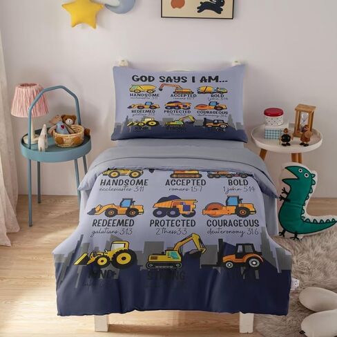 4 Piece Toddler Bedding Set for Boys,Cars Construction Toddler Bed Comforter Set Includes Comforter,Flat Sheet,Fitted Sheet and Pillowcase,Christan Trucks Tractors Bed in A Bag for Kids Bedroom in Saudi Arabia