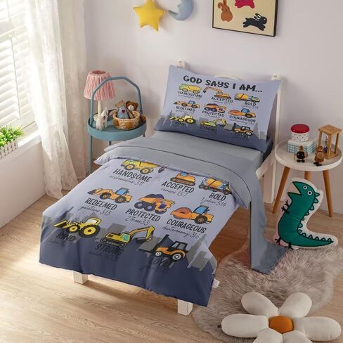 4 Piece Toddler Bedding Set for Boys,Cars Construction Toddler Bed Comforter Set Includes Comforter,Flat Sheet,Fitted Sheet and Pillowcase,Christan Trucks Tractors Bed in A Bag for Kids Bedroom in Saudi Arabia
