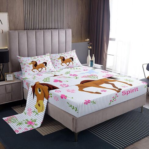 Girls Horse Sheet Set Kids Cartoon Farmhorse Floral Bedding Set for Toddler Baby Girl Pink Blue Stripe Bed Sheets Breathable Spirit Horse Animal Bed Sheet Set Room Decor Bed Set Full Size in Saudi Arabia