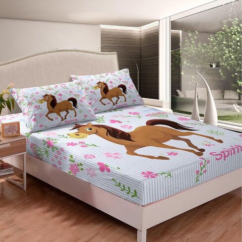 Girls Horse Sheet Set Kids Cartoon Farmhorse Floral Bedding Set for Toddler Baby Girl Pink Blue Stripe Bed Sheets Breathable Spirit Horse Animal Bed Sheet Set Room Decor Bed Set Full Size in Saudi Arabia
