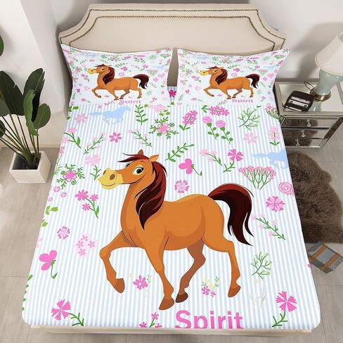Girls Horse Sheet Set Kids Cartoon Farmhorse Floral Bedding Set for Toddler Baby Girl Pink Blue Stripe Bed Sheets Breathable Spirit Horse Animal Bed Sheet Set Room Decor Bed Set Full Size in Saudi Arabia