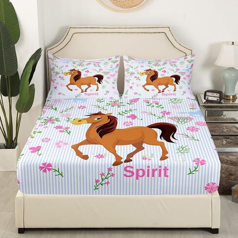 Girls Horse Sheet Set Kids Cartoon Farmhorse Floral Bedding Set for Toddler Baby Girl Pink Blue Stripe Bed Sheets Breathable Spirit Horse Animal Bed Sheet Set Room Decor Bed Set Full Size in Saudi Arabia