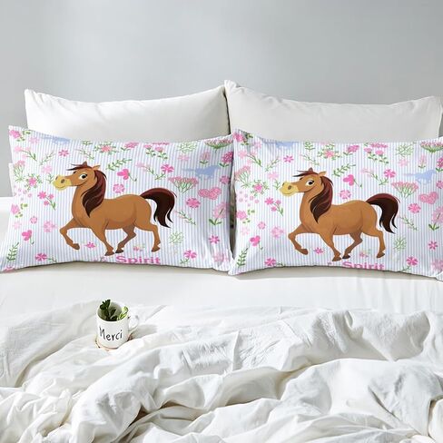 Girls Horse Sheet Set Kids Cartoon Farmhorse Floral Bedding Set for Toddler Baby Girl Pink Blue Stripe Bed Sheets Breathable Spirit Horse Animal Bed Sheet Set Room Decor Bed Set Full Size in Saudi Arabia