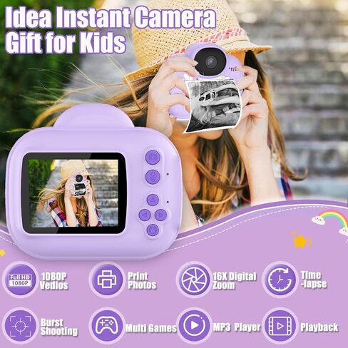 Kids Camera Toys, Instant Print Camera for Kids, Toddler Cameras for Girls Boys,1080P HD Digital Cameras, Portable Travel Toys for Girls 4 5 6 7 8 9 10 Year Old with SD Card (Purple) in Saudi Arabia