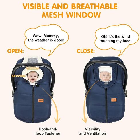 Zooawa Car Seat Cover for Babies, Winter Infant Car Seat Cover with Visible Mesh Window, Waterproof & Coldproof Carseat Cover with "T" Shape Zipper for Most Newborn Car Seat, Indigo in Saudi Arabia