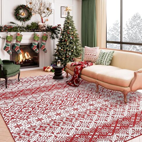 Christmas Area Rug 2x3 Red Snowflake Plaid Decorative Doormat Entryway Kitchen Washable Non Slip Soft Low Pile Small Carpet for Living Room Bedroom Entrance Dining Room Bathroom in Kuwait