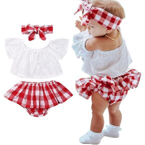 3PCS Baby Girl Summer Outfits Cold Shoulder Lace Crops Top + Plaid Skirts Bloomer Shorts + Headband Sets