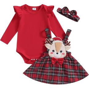 Toddler Baby Girls Christmas Outfit Long Sleeve Romper Elk Embroidery Plaid A-Line Skirt Headband Set Winter Clothes