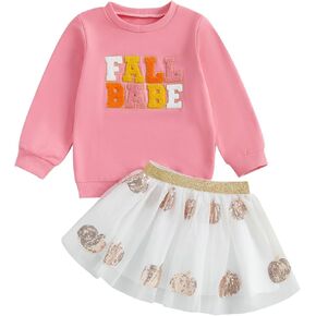 KMBANGI Kids Toddler Baby Girl Thanksgiving Outfits Fall Babe Embroidery Sweatshirt Pumpkin Tulle Dress Tutu Skirt Set Fall