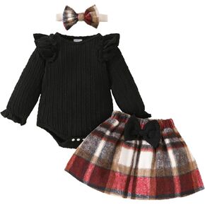 Newborn Baby Girl Outfits Christmas Long Sleeve Romper Bodysuit With Plaid Skirt Bows Infant Fall Winter Clothes