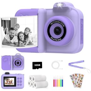 Kids Camera Instant Print,Kids Digital Camera 1080P HD Dual-Lens Selfie,Instant Print Camera with 5 Rolls Paper & 32GB Card,Toddler Camera Christmas Birthday Gifts for Boys Age 3-12