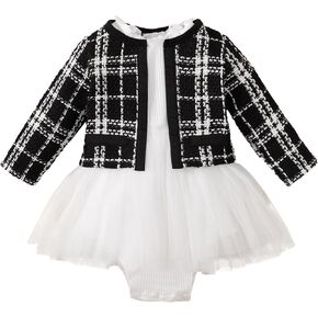 Toddler Baby Girl Dress Outfits Fall Winter Clothes Long Sleeve Plaid Cardigan & White Romper Dress Newborn Outfit Set 2pcs