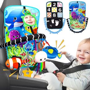 Baby Car Seat Ocean Animals Toys - Kick and Play Double Sided Infant Car Seat Toys with Plush Toys, Mirror, Teether for Baby, Baby Travel Activities, Christmas Birthday Gifts Newborn Infant Toys