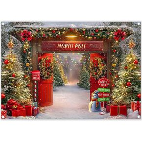 10x8ft Fabric Christmas Backdrop Winter Forest Wooden Barn Door North Pole Snowy Xmas Tree Photography Background Family Holiday Party Decor Photo Props