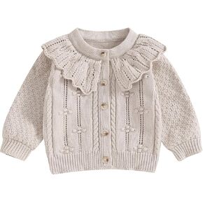 Baby Girls Knitted Cardigan Sweater Doll Collar Crochet Button Closure Cardigan Outerwear