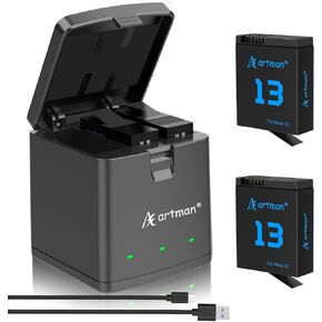 Artman Hero 13 Battery 2100mAh for GoPro Hero 13 Black, 3-Channel LED USB Storage Charger Fully Compatible with GoPro Hero 13 Batteries and Charger (2-Pack)