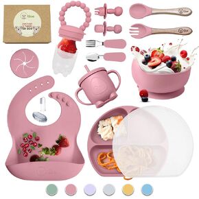 O'doe 11-Piece BPA-Free Silicone Baby Feeding Set | Thick & Soft Suction Plates, Baby Bowls, Wooden Fork & Spoon, and More | Make Mealtime Fun and Easy for Your Little One (Green, V1)