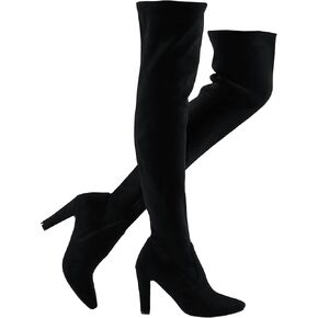 حذاء بوت عالي من الجلد السويدي المطاطي من Shoe'N Tale بكعب مكتنز فوق الركبة (7، أسود) in Kuwait