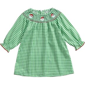 Honganda Kids Toddler Baby Girl Christmas Dress Long Sleeve Santa Claus Embroidery Plaid Mini Dress Xmas Smocked Dress