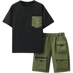 GORGLITTER Boy's 2 Piece Outfits Short Sleeve Pocket T Shirt with Cargo Shorts Kid Clothes