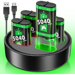 Rechargeable Xbox Controller Battery Pack with Charger, 4 x 5040mWh Xbox Battery Pack for Xbox One, Xbox One S|X, Xbox One Elite, Xbox Series S|X Controller, Rechargeable Batteries for Xbox Controller