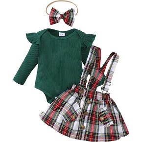 Newborn Baby Girl Dress Clothes Infant Christmas Plaid Outfits Long Sleeve Ruffle Romper Suspender Skirt Set