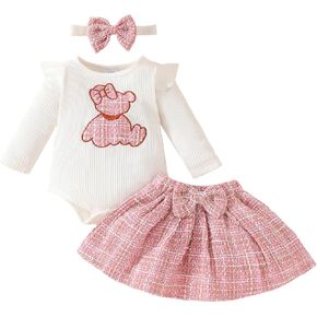 VISGOGO Newborn Infant Girl Skirts Outfit Ribbed Long Sleeve Romper Plaid Bow Pattern Skirt Plaid Fall 3Pcs Clothes