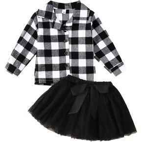 Toddler Baby Girl Plaid Outfit Kid Flannel Button-Down Long Sleeve Shirt Jacket Tutu Skirt Fall Winter Clothes Set