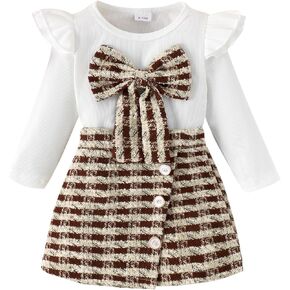 2PCS Infant Baby Girls 3D Bowknot Ruffles Long Sleeve Ribbed Knitted Shirt + Plaid Skirt Shorts Sets