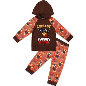 Thanksgiving Outfit Toddler Boy Cool turkeys Print Long Sleeve Hoodie+turkeys Pants 2pcs Sets