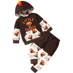 First Thanksgiving Baby Boy Outfit Turkey Print Hooded Top + Pants 2 Pcs Boys Clothes