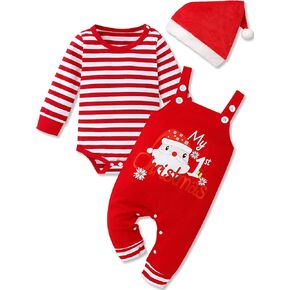 My First Christmas Baby Boy Outfit Long Sleeve Romper Suspender Pants with Hat 3pcs Christmas Clothes 0-12 Months