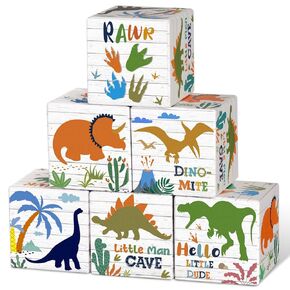 6 Pcs Dinosaur Nursery Decor for Girls Boys Nursery Wooden Blocks Dinosaur Party Decorations for Kids Gifts Baby Shower Birthday Table Tiered Shelf Decoration Centerpiece Photo Prop