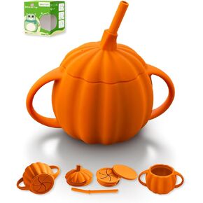 Silicone Baby Straw Cup Spill Proof, Replaceable Tops for Snack Cups, BPA Free Toddler Training Sippy Cup with Straw & Snack Containers Lid, Halloween Pumpkin Cup Gifts for Baby 6+ Month
