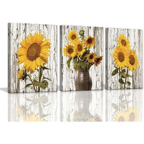 Sunflower Bathroom Decor Canvas Wall Art for Bedroom Rustic Sunflower Kitchen Decor Yellow Vintage Wall Decor Sunflowers Artwork for Walls Paintings for Bedroom Decorations Framed 12x16inchx3pcs