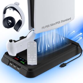 PS5 Cooling Station, PS5 Slim Stand with Controller Charging Station for PlayStation 5, PS5 Accessories Kits Black