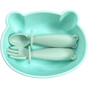 Bear Silicone Baby Bowl Suction Baby Spoon Baby Fork for Babies 6 months+ Suction Bowls for Baby Utensils 6-12M+ BLW Baby Essentials Newborn Essentials Must Haves (Very Bear)