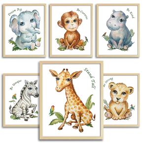 Baby Safari Nursery Wall Decor – Art Prints – 8x10 - Set of 6 Cute Prints + Bonus Stickers - Pictures for Baby Boy Girl Toddler Kids Room - Motivational Quotes - Unframed – Best Gift for Any Occasion