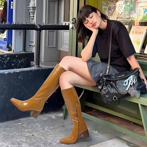 Women's Knee High Boots Chunky Heel Square Toe Tall Boots High Block Heel Side Zipper Fashion Long Boots in Saudi Arabia