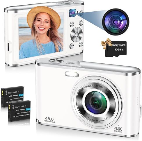 4K Digital Camera, Autofocus 48MP Vlogging Camera for Photography Compact Point and Shoot Digital with 16X Zoom, 32GB Card, 2.8" Screen, Anti-Shake(White) in Saudi Arabia