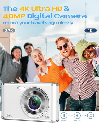 4K Digital Camera, Autofocus 48MP Vlogging Camera for Photography Compact Point and Shoot Digital with 16X Zoom, 32GB Card, 2.8" Screen, Anti-Shake(White) in Saudi Arabia