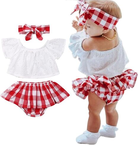 3PCS Baby Girl Summer Outfits Cold Shoulder Lace Crops Top + Plaid Skirts Bloomer Shorts + Headband Sets in Saudi Arabia