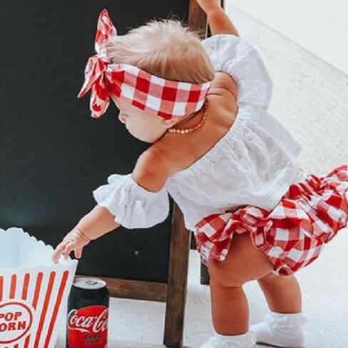 3PCS Baby Girl Summer Outfits Cold Shoulder Lace Crops Top + Plaid Skirts Bloomer Shorts + Headband Sets in Saudi Arabia