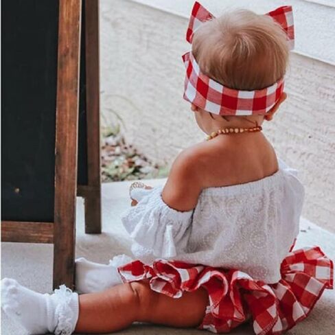 3PCS Baby Girl Summer Outfits Cold Shoulder Lace Crops Top + Plaid Skirts Bloomer Shorts + Headband Sets in Saudi Arabia