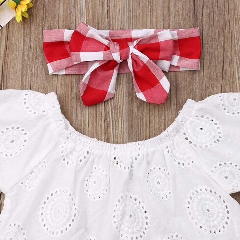 3PCS Baby Girl Summer Outfits Cold Shoulder Lace Crops Top + Plaid Skirts Bloomer Shorts + Headband Sets in Saudi Arabia