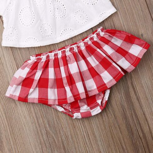 3PCS Baby Girl Summer Outfits Cold Shoulder Lace Crops Top + Plaid Skirts Bloomer Shorts + Headband Sets in Saudi Arabia