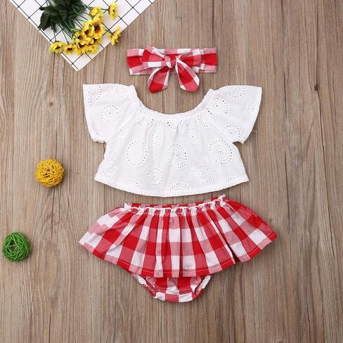 3PCS Baby Girl Summer Outfits Cold Shoulder Lace Crops Top + Plaid Skirts Bloomer Shorts + Headband Sets in Saudi Arabia