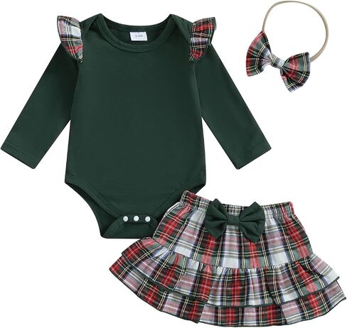Newborn Baby Girl Outfits Christmas Long Sleeve Romper Bodysuit With Plaid Skirt Bows Infant Fall Winter Clothes in Saudi Arabia