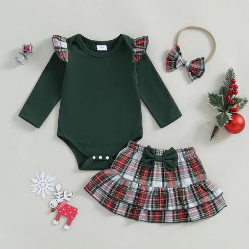 Newborn Baby Girl Outfits Christmas Long Sleeve Romper Bodysuit With Plaid Skirt Bows Infant Fall Winter Clothes in Saudi Arabia